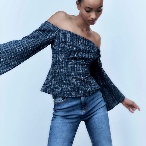 Zara NWT tweed off the shoulder peplum top - blue & black textured blouse - Picture 13 of 16